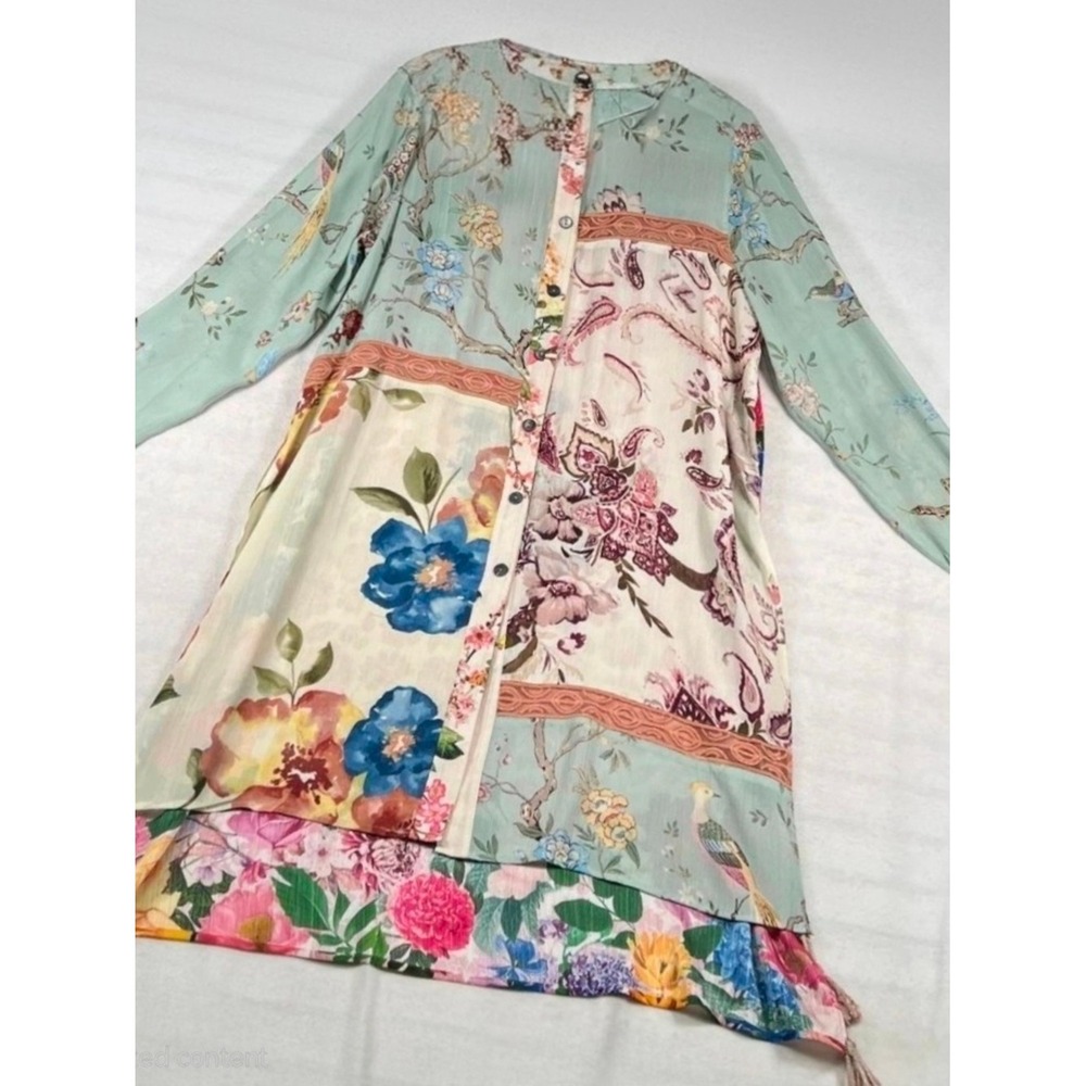 John Mark XL Floral Patchwork Button-Front Duster Cardigan Dress in Mint & Red